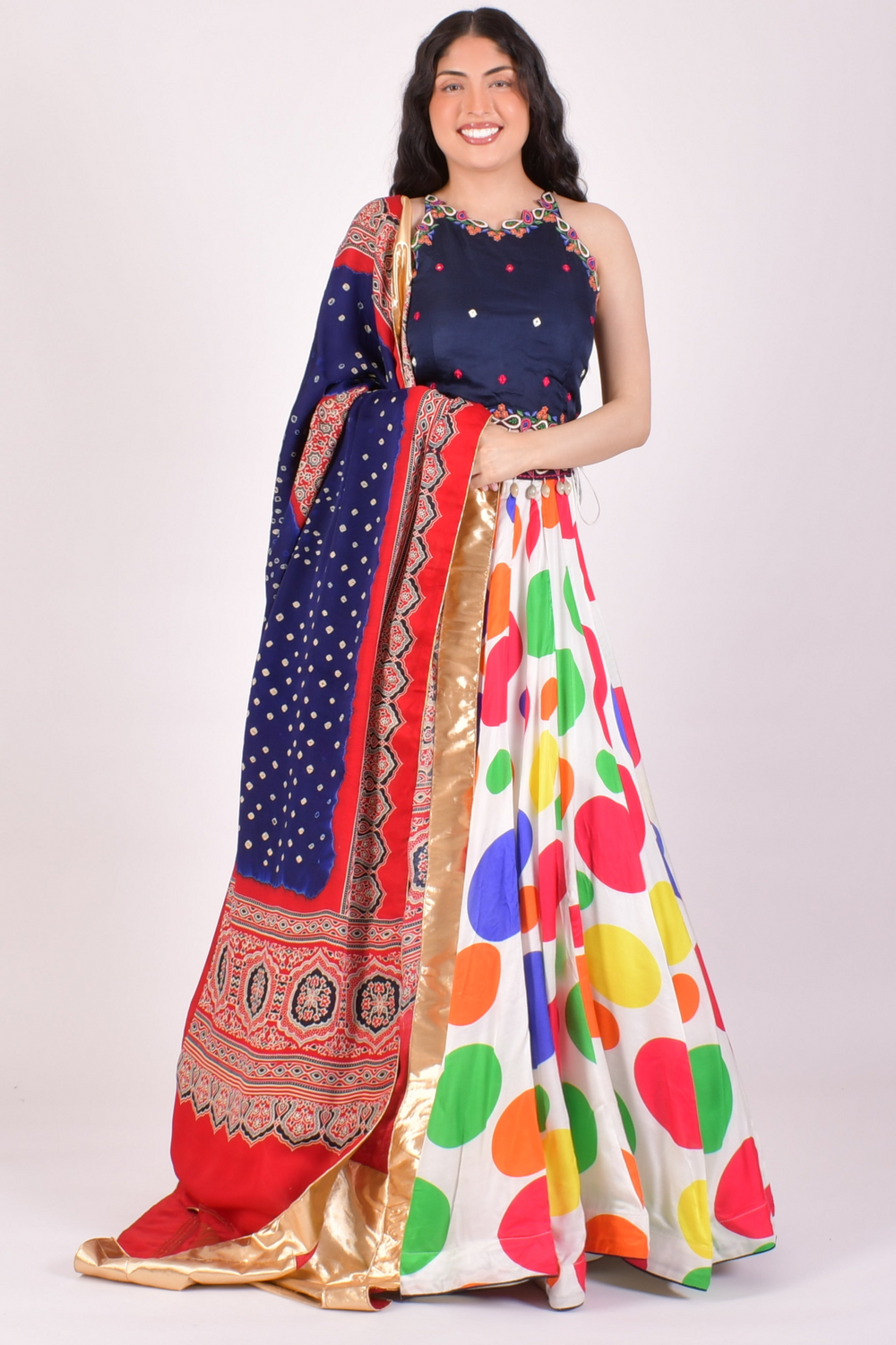 Multicolor Polka Dot Chaniya Choli with bandhej dupatta