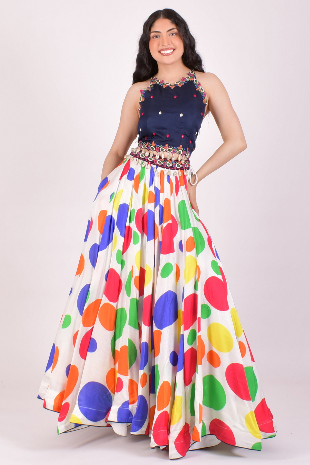 Multicolor Polka Dot Shell Embroidered Chaniya Choli with pocket