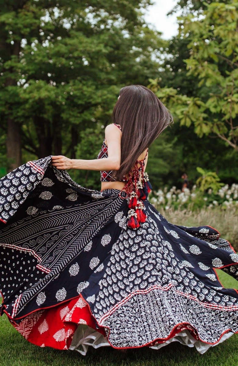 Navy Blue Block Print Full Flare Chaniya Choli for Garba-[mirror work]-Raas