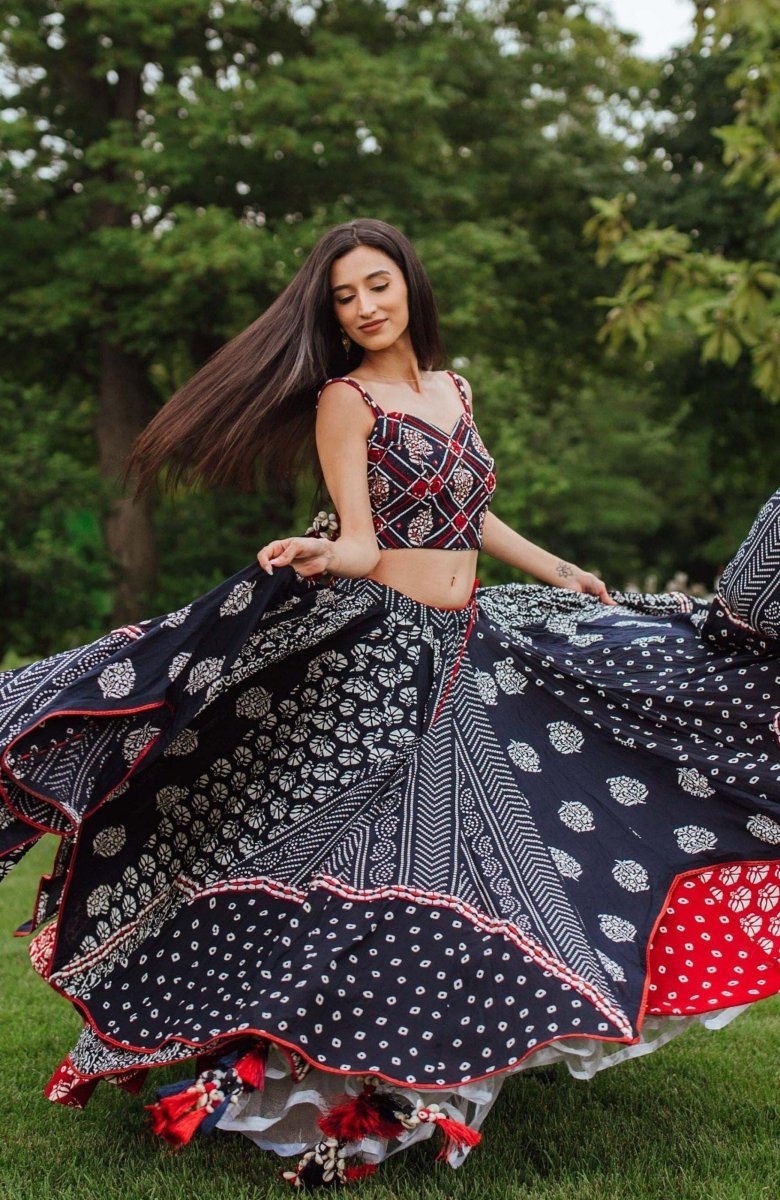 Navy Blue Block Print Full Flare Chaniya Choli for Garba-[mirror work]-Raas