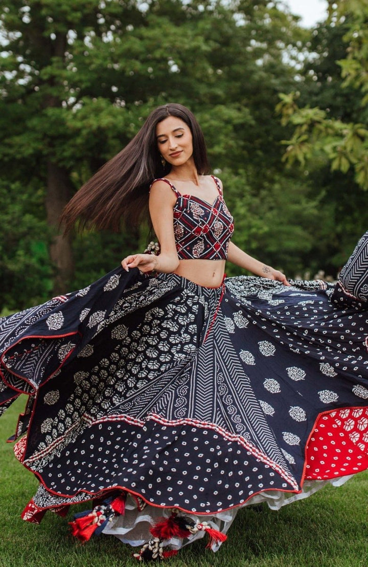 Navy Blue Block Print Full Flare Chaniya Choli for Garba-[mirror work]-Raas