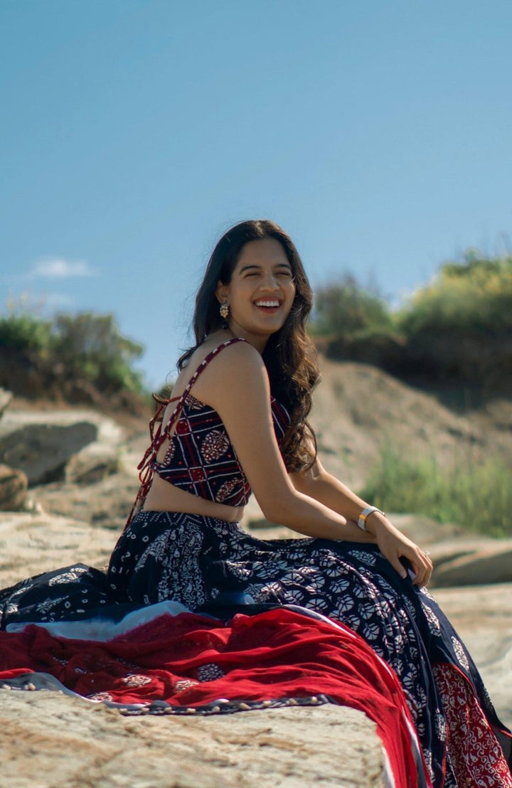 Navy Blue Block Print Full Flare Chaniya Choli for Garba-[mirror work]-Raas