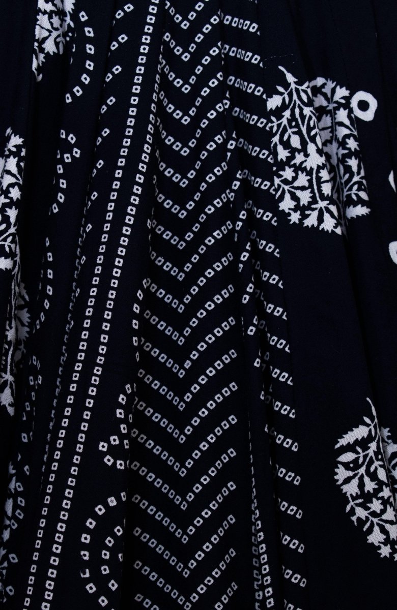 Navy Blue Block Print Full Flare Chaniya Choli for Garba-[mirror work]-Raas