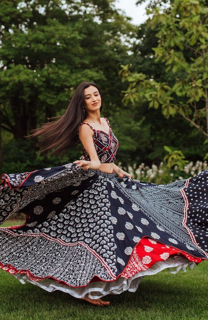 Navy Blue Block Print Full Flare Chaniya Choli for Garba-[mirror work]-Raas