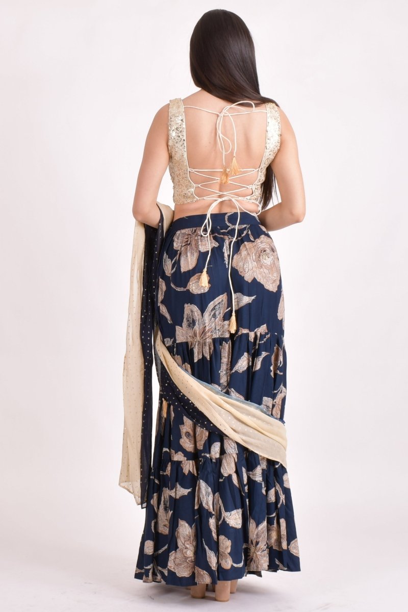 Navy Floral Sequin Ruffle Saree-[ruffle_ready_to_wear_saree]-Raas