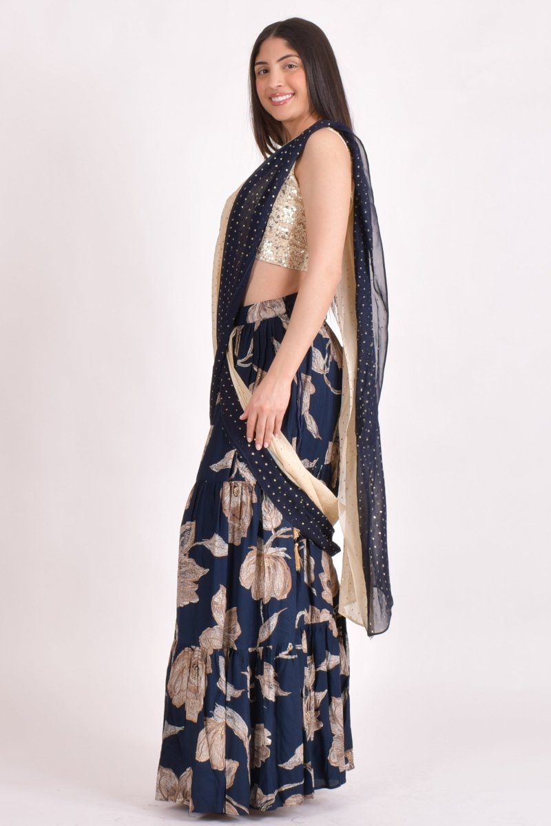 Navy Floral Sequin Ruffle Saree-[ruffle_ready_to_wear_saree]-Raas