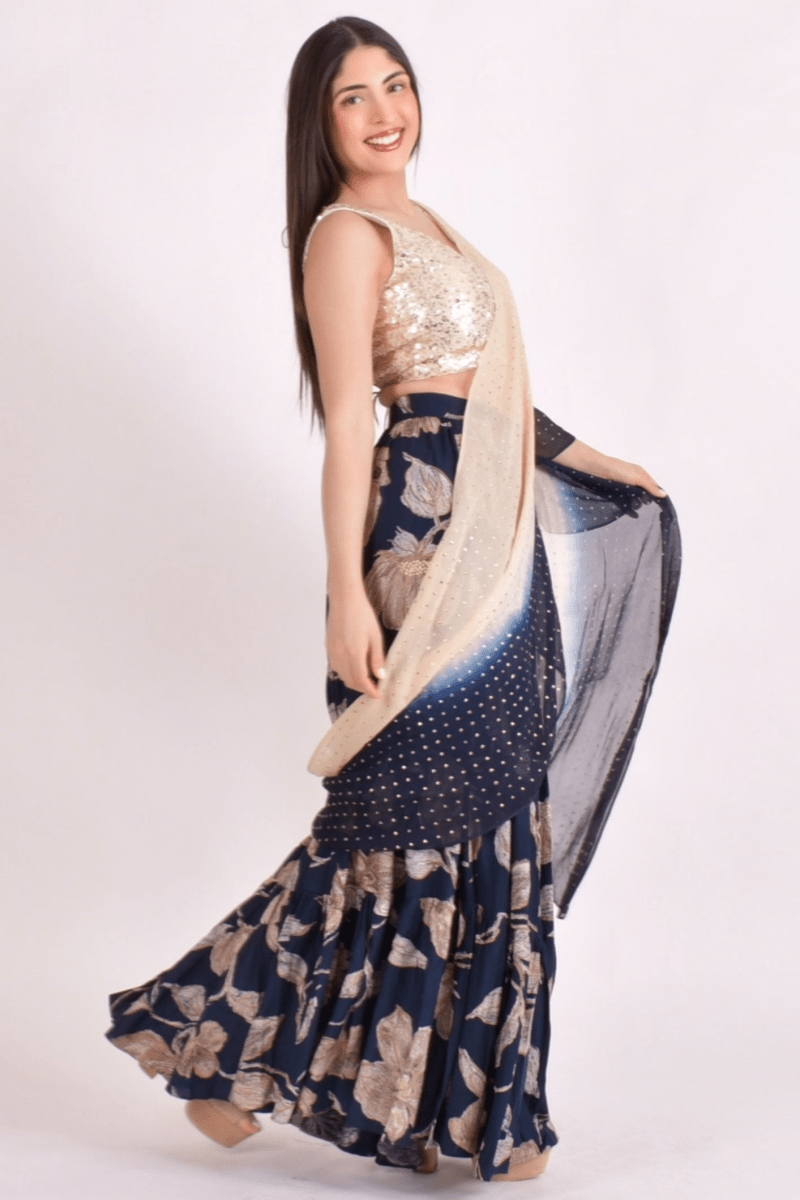 Navy Floral Sequin Ruffle Saree-[ruffle_ready_to_wear_saree]-Raas