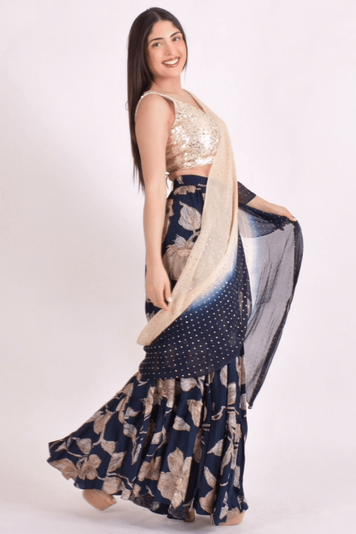 Navy Floral Sequin Ruffle Saree-[ruffle_ready_to_wear_saree]-Raas