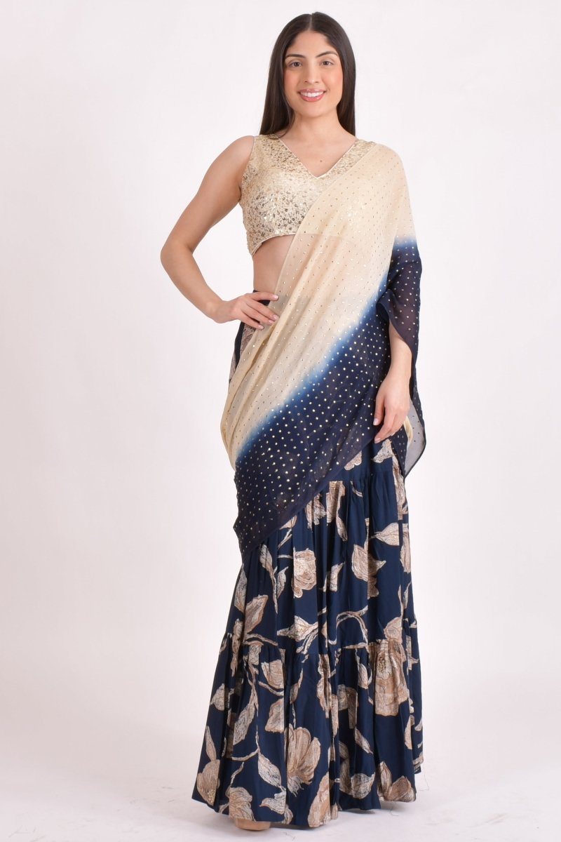 Navy Floral Sequin Ruffle Saree-[ruffle_ready_to_wear_saree]-Raas