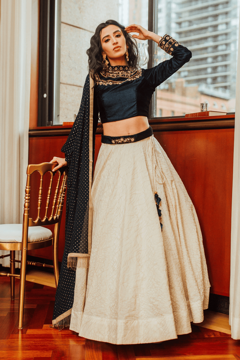 Navy Hand Embroidered Lehenga Choli-[comfort-first-design]-[lightweight]-Raas