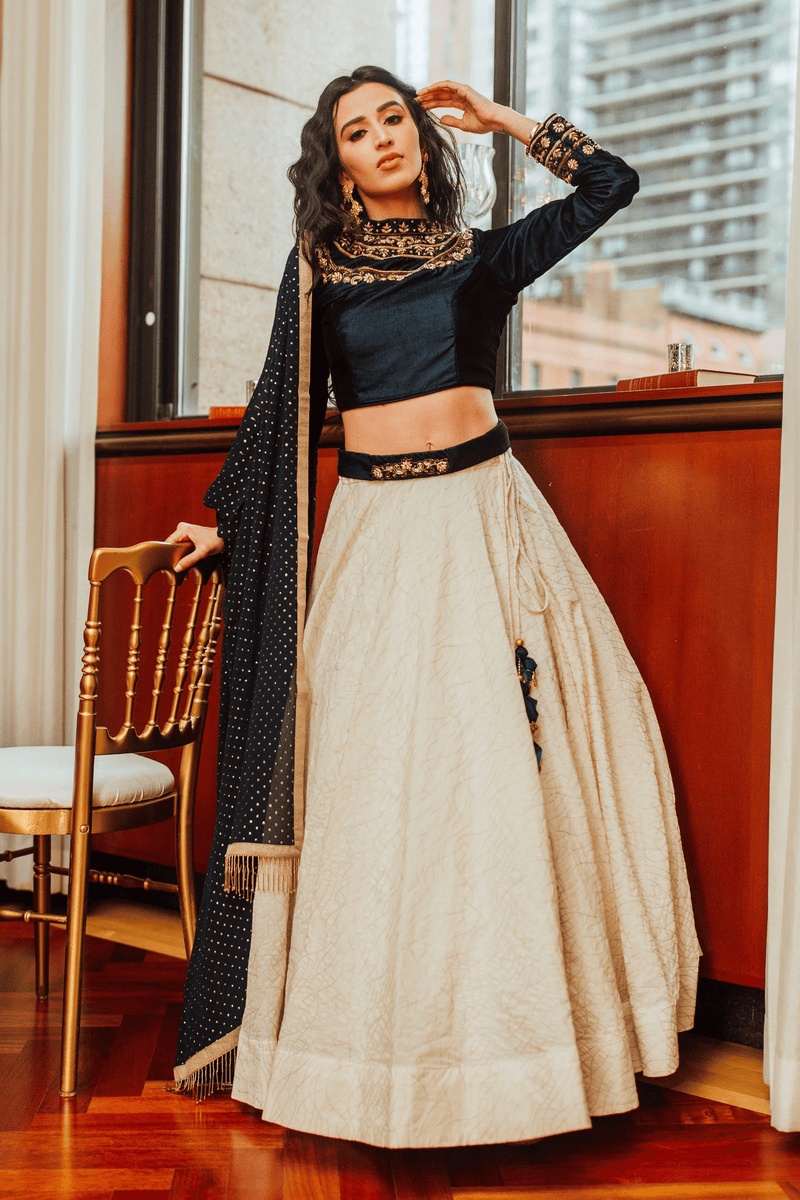 Navy Hand Embroidered Lehenga Choli-[comfort-first-design]-[lightweight]-Raas