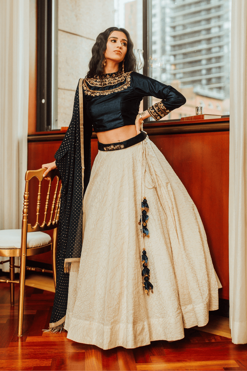 Navy Hand Embroidered Lehenga Choli-[comfort-first-design]-[lightweight]-Raas