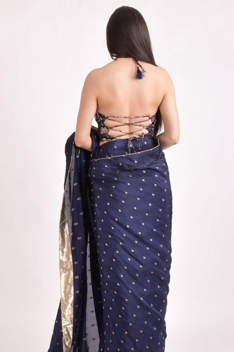 Navy Jacquard Floral Pre-Pleated Saree-[pre_stitched_saree]-Raas