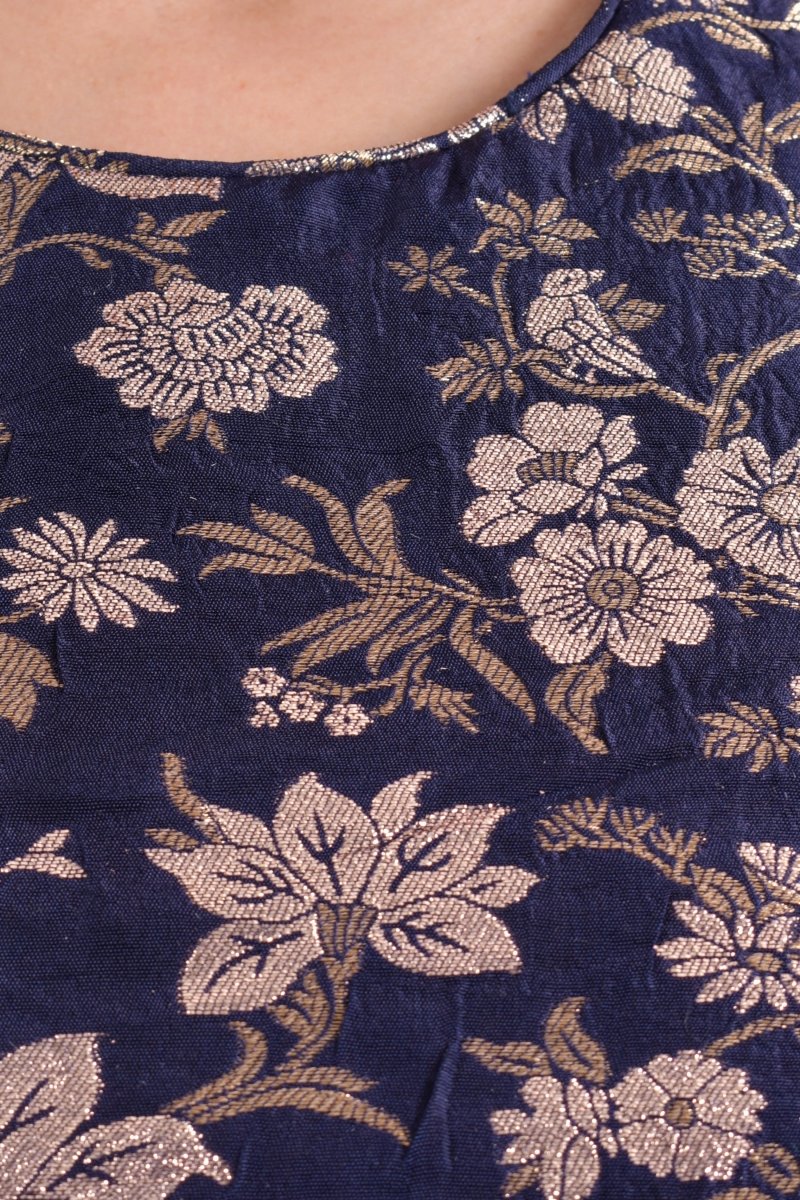 Navy Jacquard Floral Pre-Pleated Saree-[pre_stitched_saree]-Raas