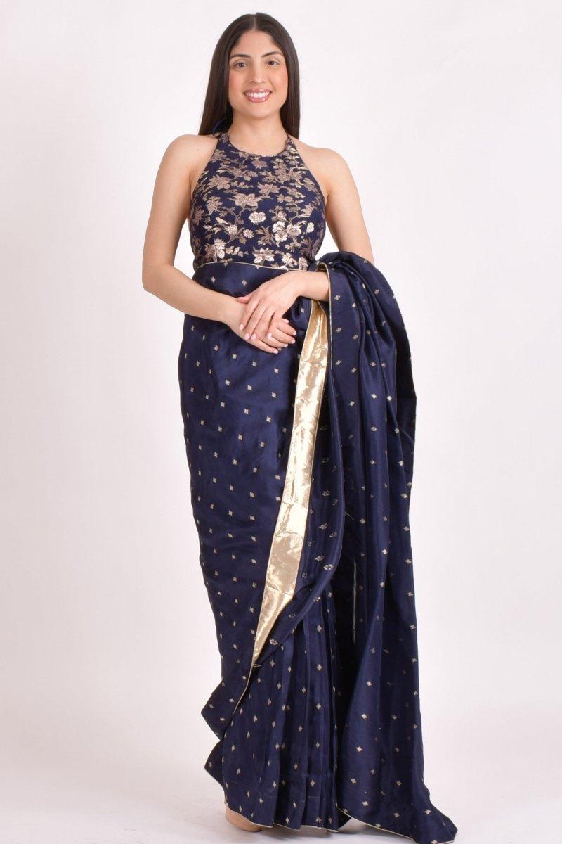 Navy Jacquard Floral Pre-Pleated Saree-[pre_stitched_saree]-Raas