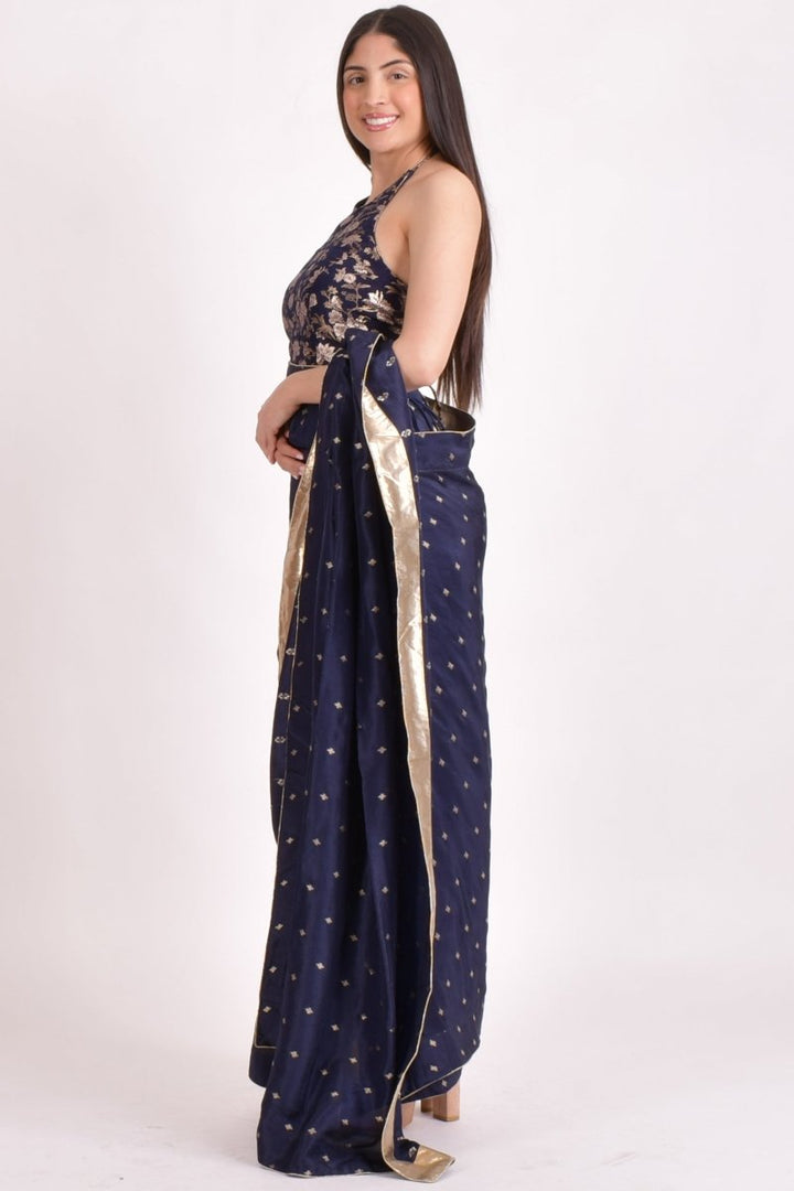 Navy Jacquard Floral Pre - Pleated Saree SAREE RAAS