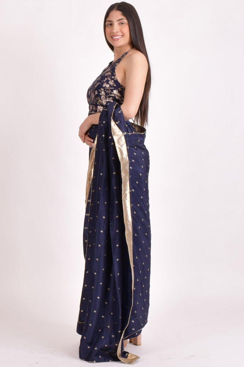 Navy Jacquard Floral Pre-Pleated Saree-[pre_stitched_saree]-Raas
