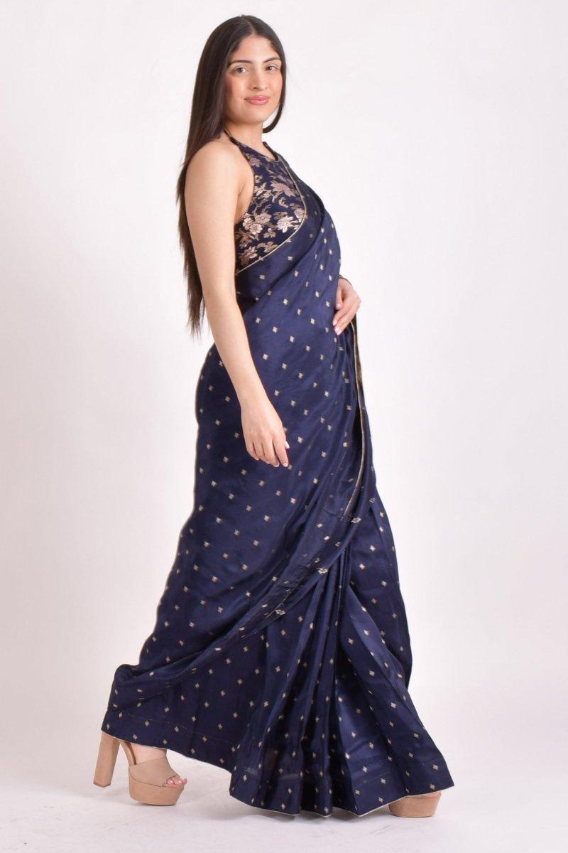 Navy Jacquard Floral Pre-Pleated Saree-[pre_stitched_saree]-Raas