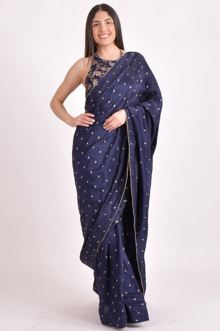 Navy Jacquard Floral Pre - Pleated Saree SAREE RAAS