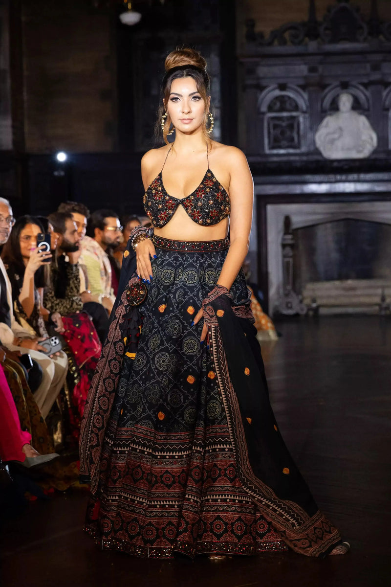 Navy Lehenga Set with Heavily Embroidered Stone-Embellished Choli-[bridal_lehenga]-Raas