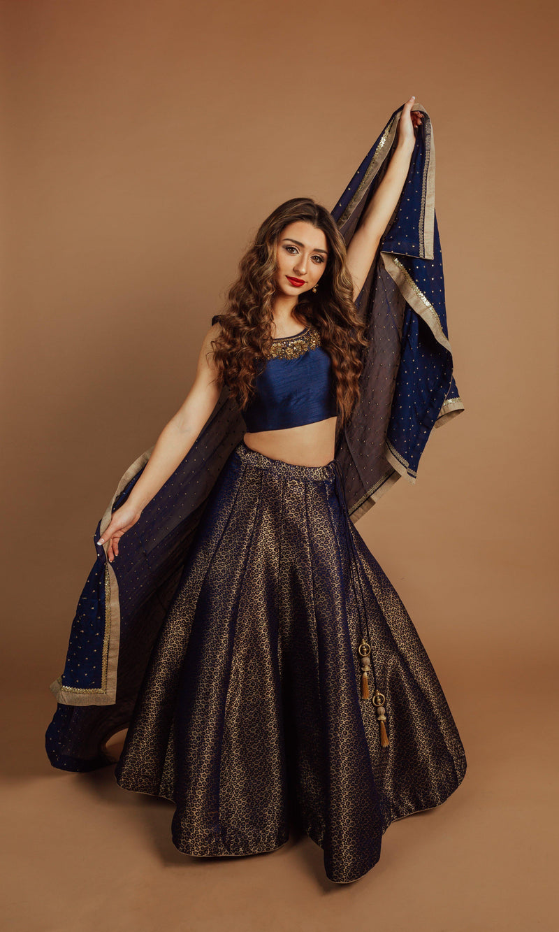 Navy Lehenga with Hand Embroidered Blouse-[comfort-first-design]-[lightweight]-Raas