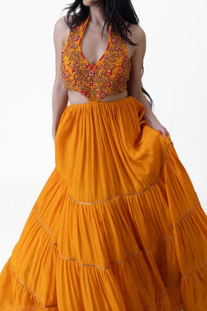 Neale Tiered Yellow Gown with Hand Embroidery-Raas USA
