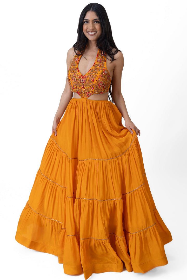 Neale Tiered Yellow Gown with Hand Embroidery-Raas USA