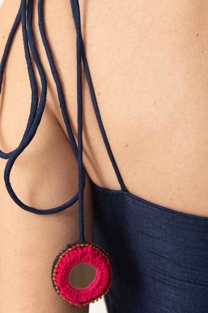 Nina Blue raw silk short dress with a hand-embroidered kutch mirror and bandhej belt detail.