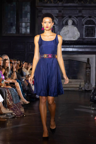 Nina Blue Short Dress: Raw Silk Mini with Embroidered Belt XXL / Blue