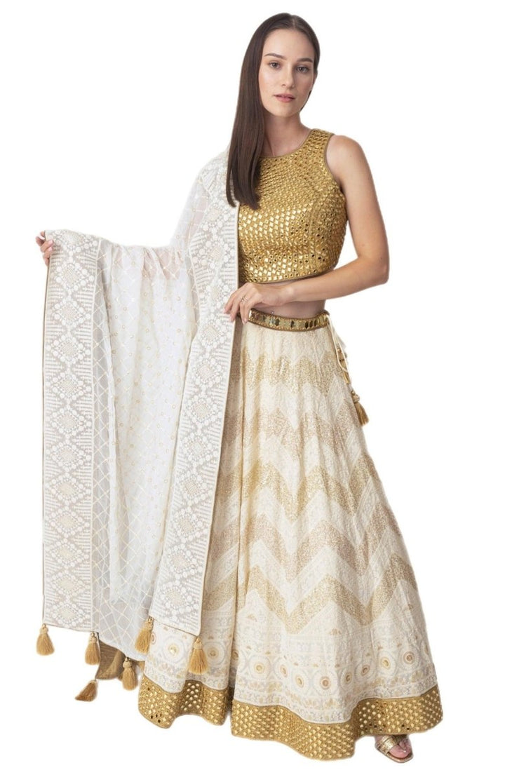 Off White Lehenga Choli with Mirror work-[bridal_lehenga]-Raas