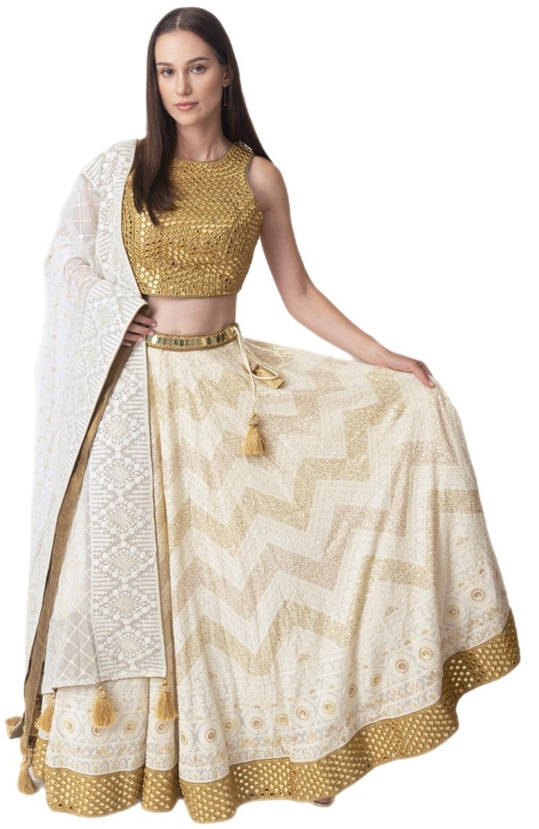 Off White Lehenga Choli with Mirror work-[bridal_lehenga]-Raas