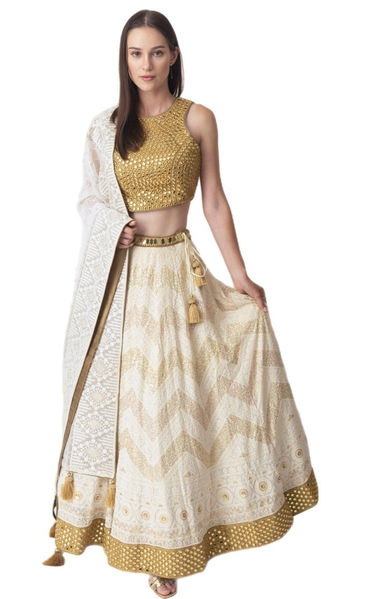 Off White Lehenga Choli with Mirror work-[bridal_lehenga]-Raas