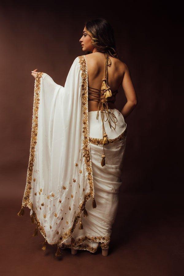 Off White Zardoshi & Cutdana Hand Embroidered Silk Saree With Blouse-[pre_stitched_saree]-Raas