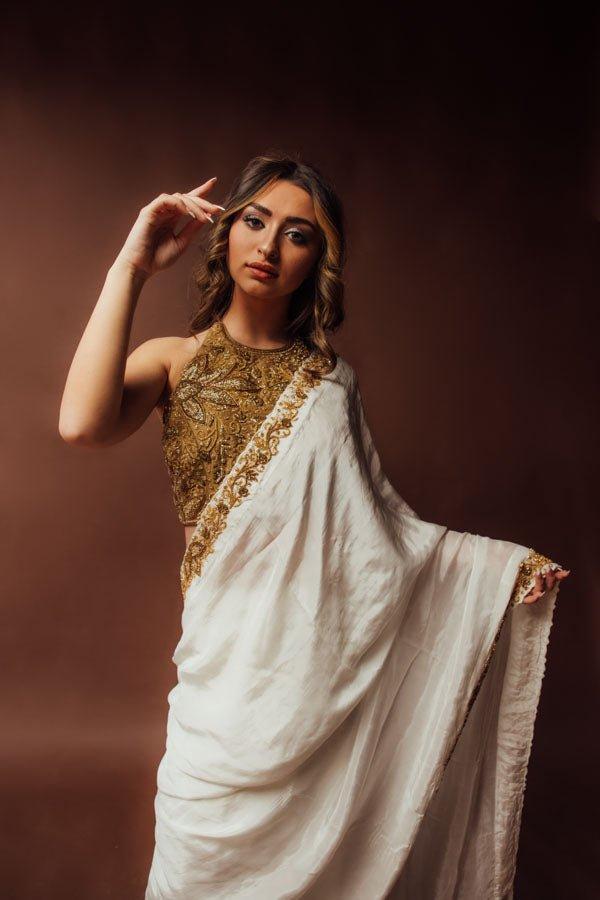 Off White Zardoshi & Cutdana Hand Embroidered Silk Saree With Blouse-[pre_stitched_saree]-Raas