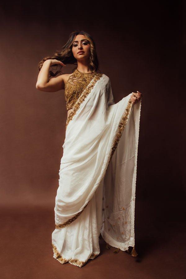 Off White Zardoshi & Cutdana Hand Embroidered Silk Saree With Blouse-[pre_stitched_saree]-Raas