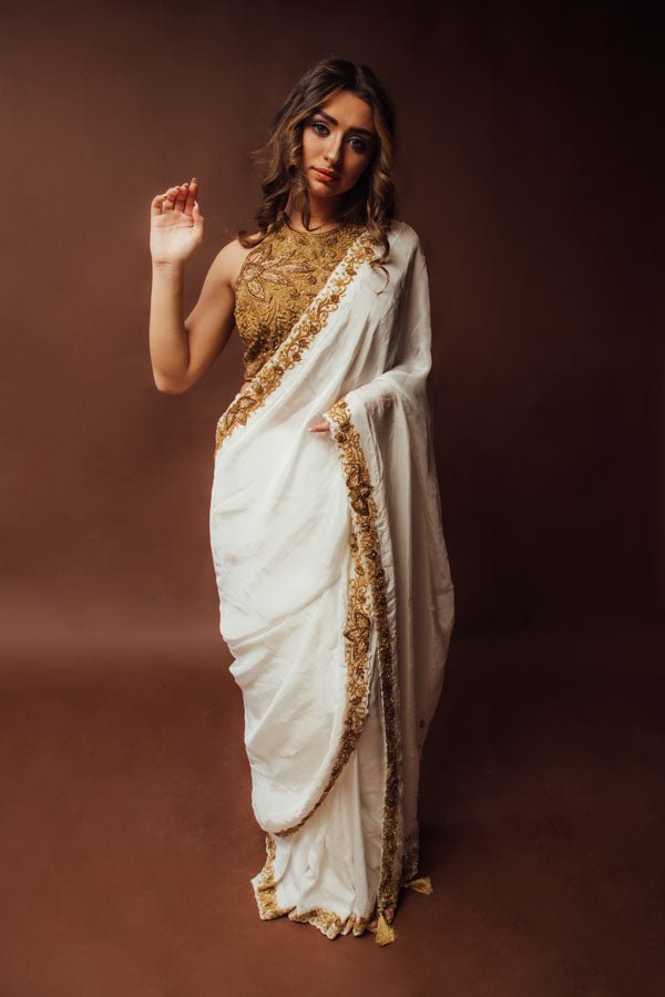 Off White Zardoshi & Cutdana Hand Embroidered Silk Saree With Blouse SAREES RAAS