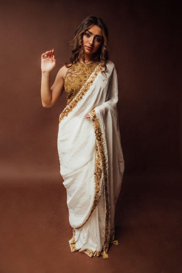 Off White Zardoshi & Cutdana Hand Embroidered Silk Saree With Blouse-[pre_stitched_saree]-Raas