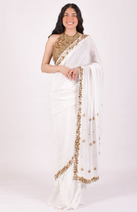 Off White Zardoshi & Cutdana Hand Embroidered Silk Saree With Blouse
