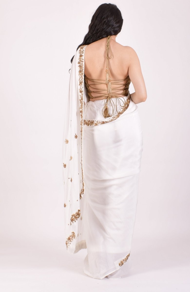 Off White Zardoshi & Cutdana Hand Embroidered Silk Saree With Blouse