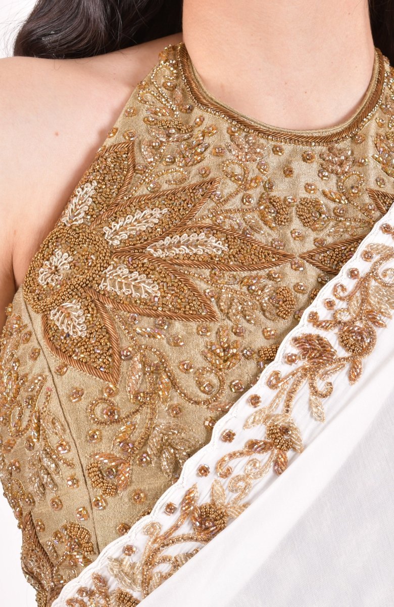 Off White Zardoshi & Cutdana Hand Embroidered Silk Saree With Blouse