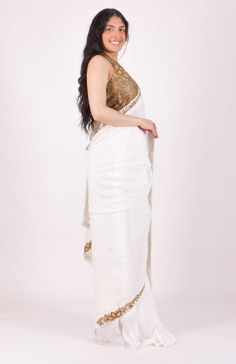 Off White Zardoshi & Cutdana Hand Embroidered Silk Saree With Blouse