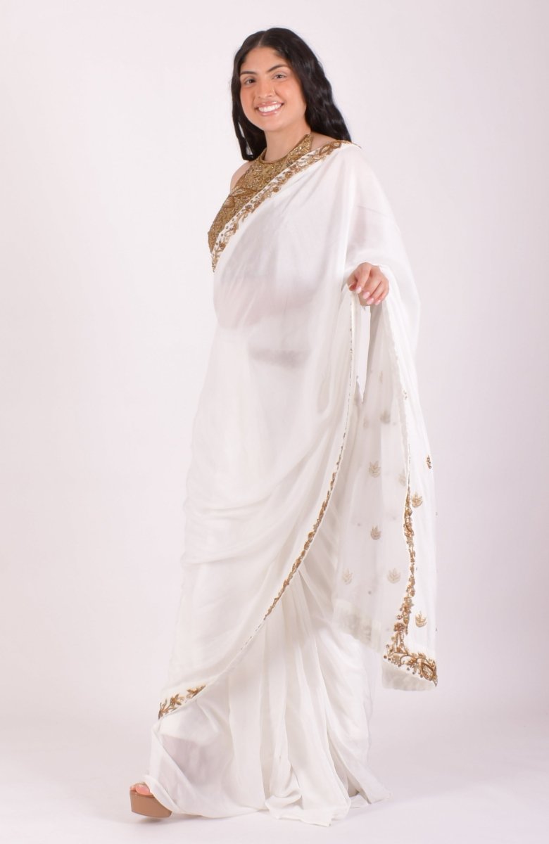 Off White Zardoshi & Cutdana Hand Embroidered Silk Saree With Blouse