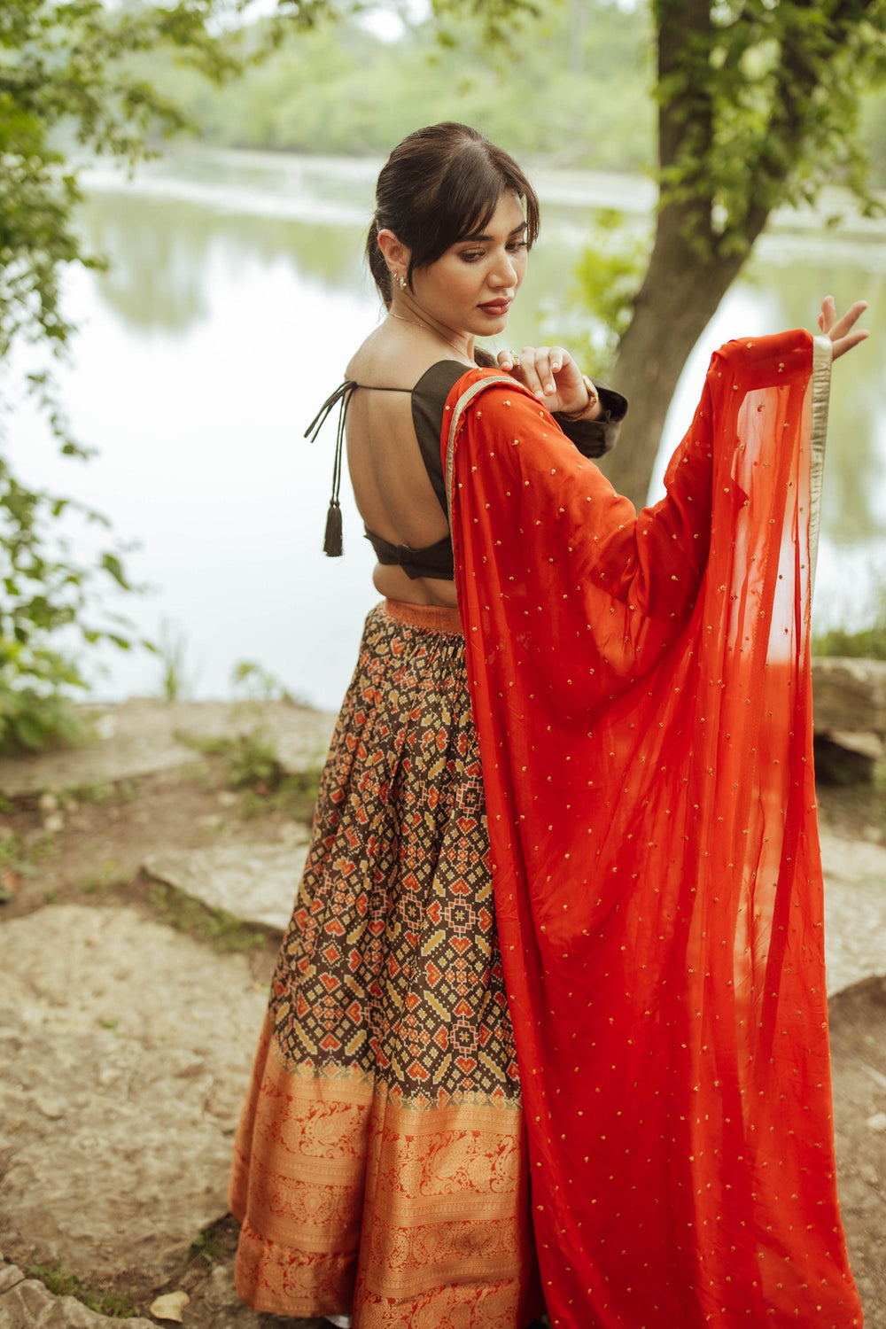Olive and Orange Print Lehenga Choli Set Chaniya choli RAAS