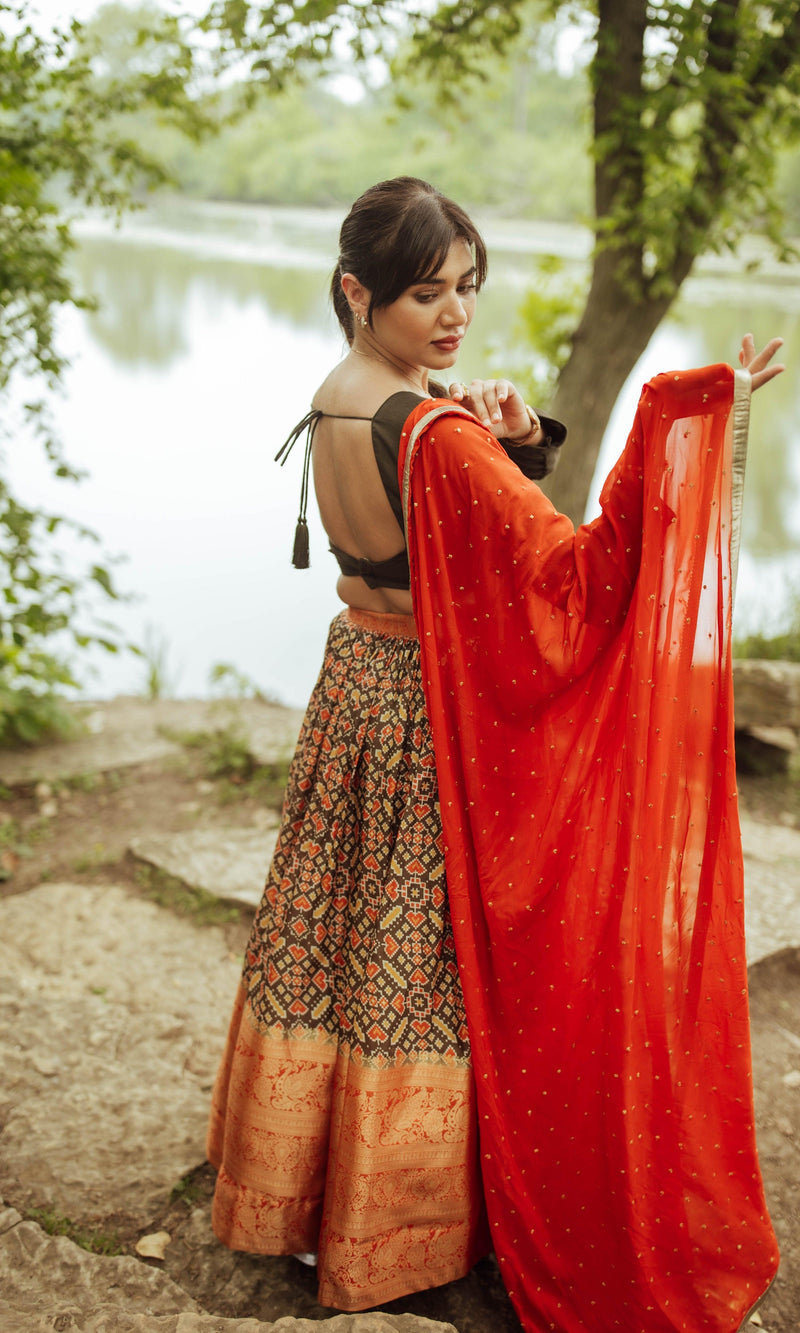 Olive and Orange Print Lehenga Choli Set Chaniya choli RAAS