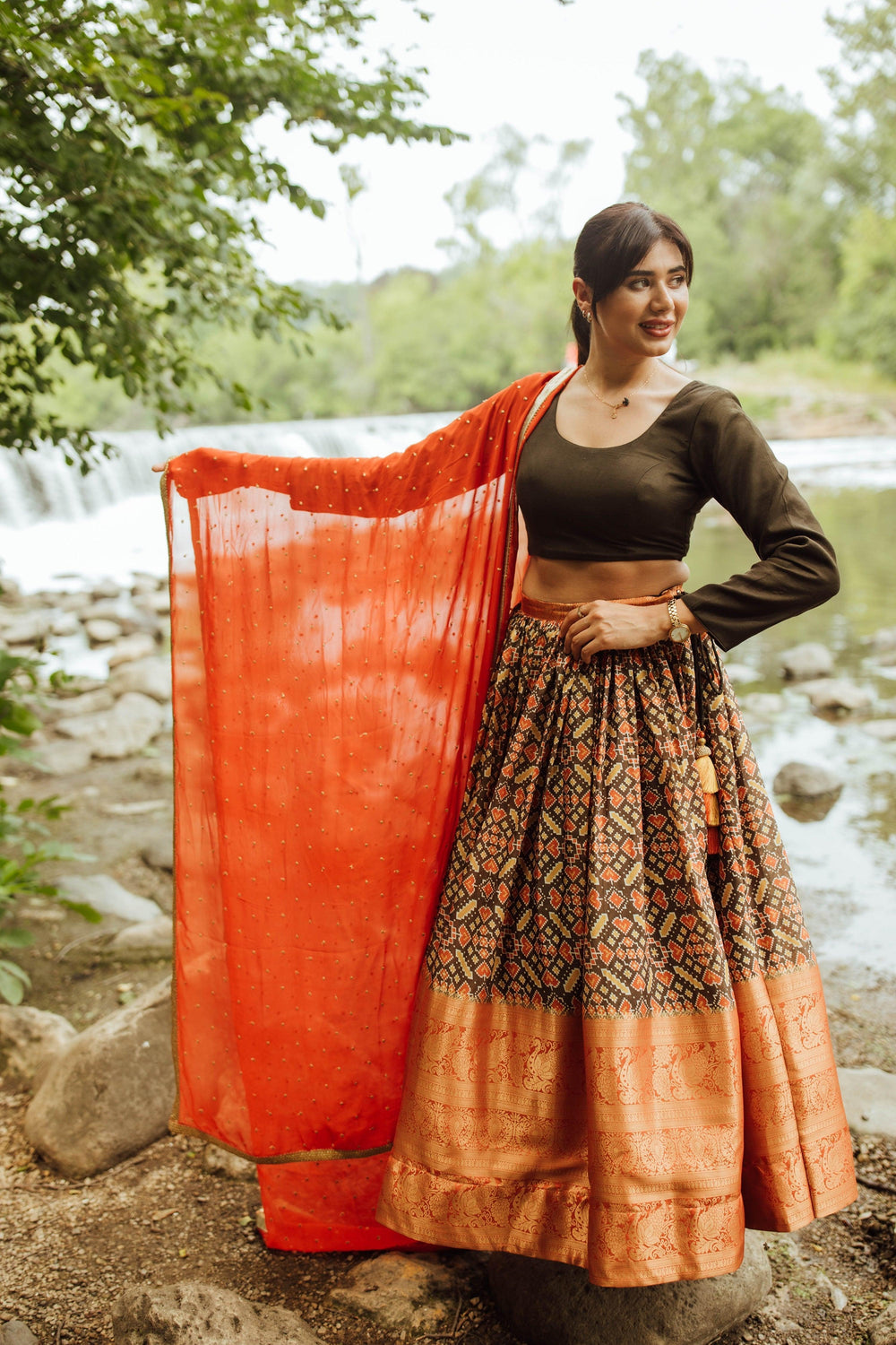 Olive and Orange Print Lehenga Choli Set Chaniya choli RAAS