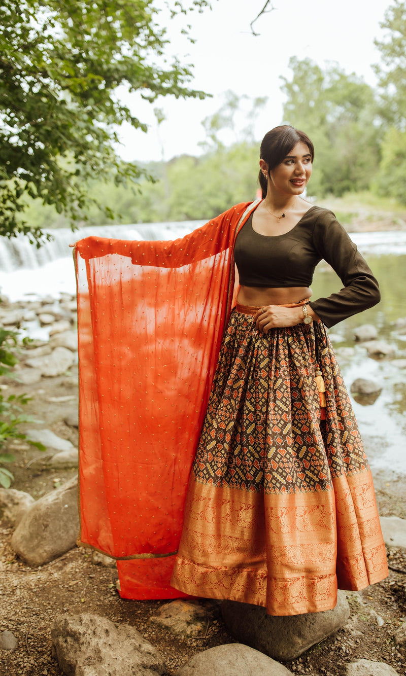 Olive and Orange Print Lehenga Choli Set Chaniya choli RAAS