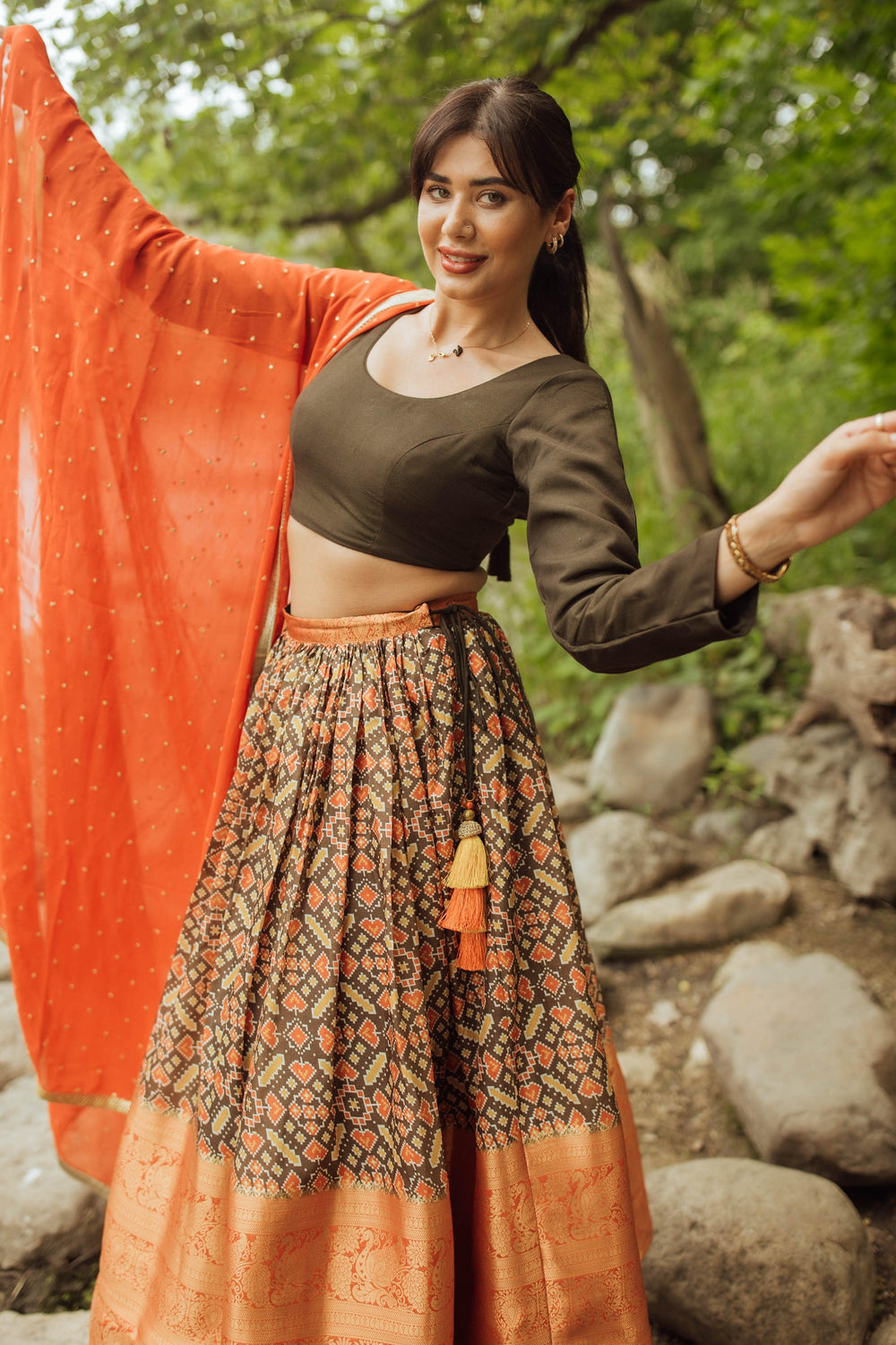 Olive and Orange Print Lehenga Choli Set Chaniya choli RAAS