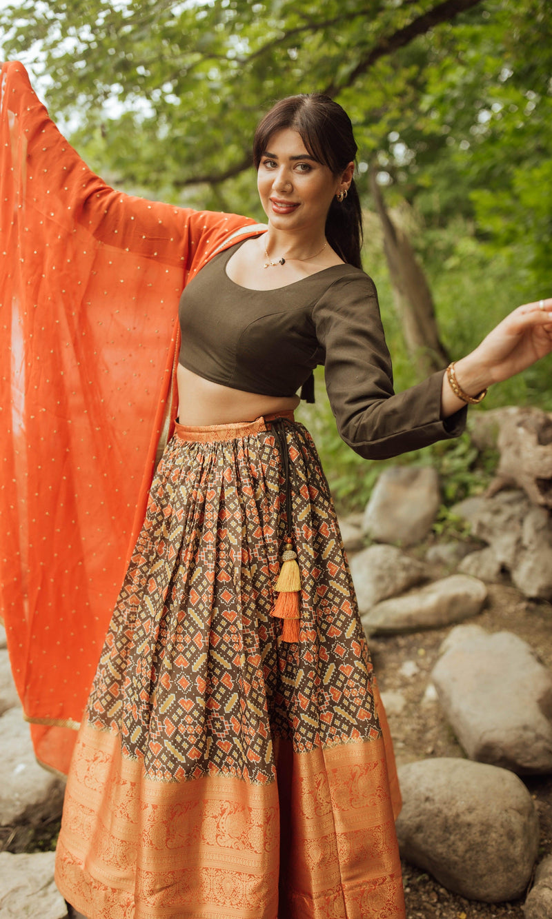 Olive and Orange Print Lehenga Choli Set Chaniya choli RAAS