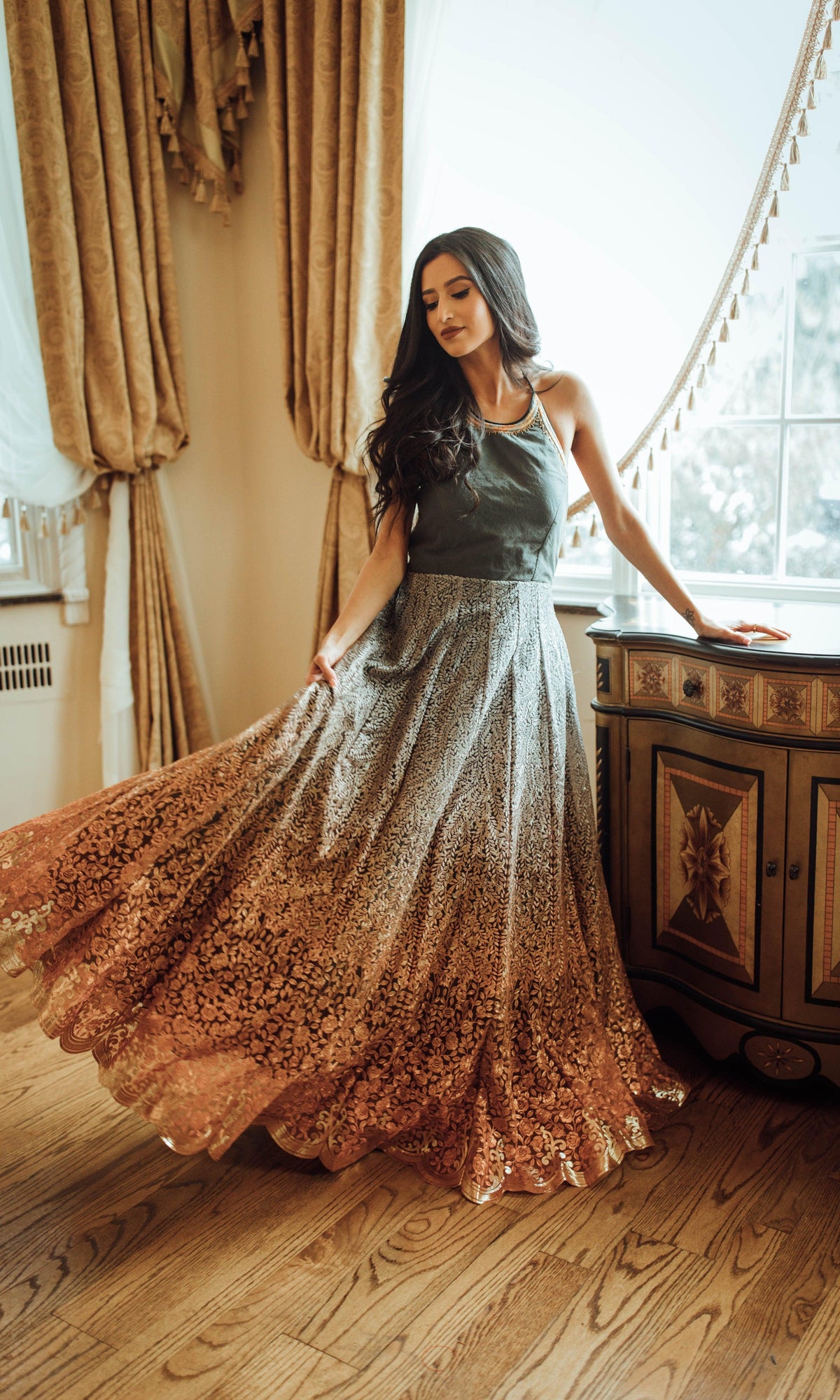 elegant indian dresses Ombre Embroidered Gown: Dress Elevate events with this satin evening gown New Dress Designs 2025 Size & Color:[Brown] 41 EU /25.6-26 cm