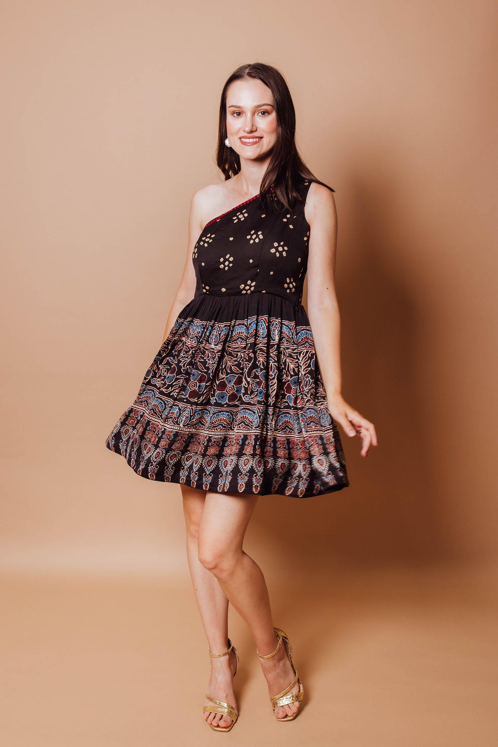 Olivia Black One-Shoulder Dress with Ajrakh print, hand-bandhej, and mirror embroidery.